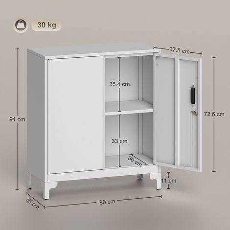 Metall-Aktenschrank mit Schlüsselschloss, Büroschrank mit 2 Türen und 2 Einlegeböden, Aktenschrank für Zuhause, Arbeitszimmer, Büro, Garage, 80 x 35 x 91 cm, Weiß