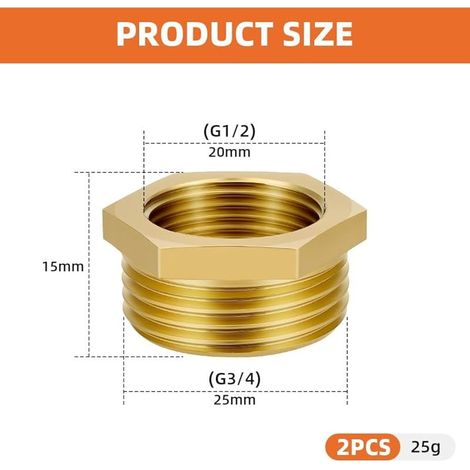 2-teiliger Reduzieradapter aus Messing, 1/2"-Innengewinde auf 3/4"-Außengewinde, Sechskant-Reduzierverbinder aus Messing, Reduzierstück von Innengewinde auf Außengewinde, für Rohrumrüstung (1/5)