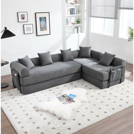Sofa aus Cord in Dunkelgrau 270 x 180 cm, modular und als Schlafsofa nutzbar mit Seitentasche (1/5)