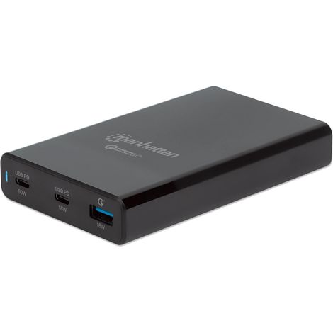 Stazione di Ricarica USB-C PD 65W Manhattan con Quick Charge 3.0, 2x USB-C e 1x USB-A, Nero (1/5)