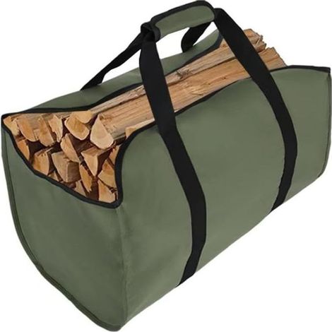 Sac de transport pliable pour bûches de chauffage, sac de rangement pour cheminée en toile imperméable et résistante avec poignées, vert, pour intérieur et extérieur (1/5)