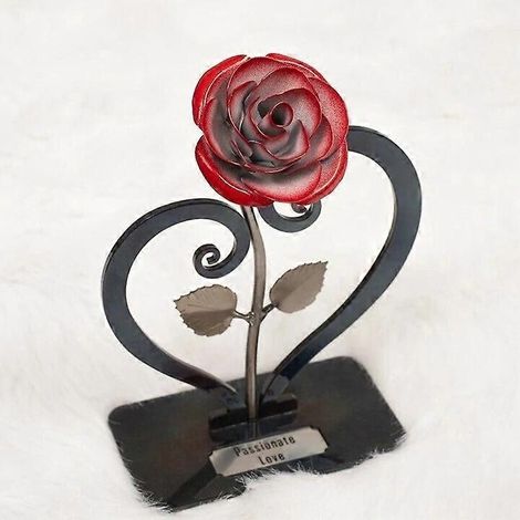 Rose en fer forgé à la main avec support en forme de cœur - Cadeau idéal pour la Saint-Valentin (1/3)