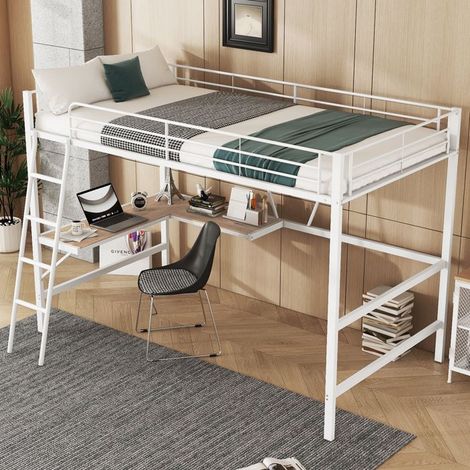 Lit mezzanine enfant 90x200 cm en métal blanc avec bureau en L et étagère – sans matelas