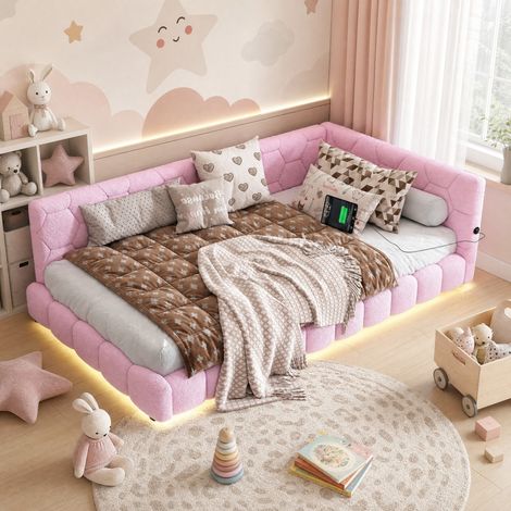 Letto singolo 90x200 cm in legno rosa, con luci LED per camera da letto, senza materasso FloraGrace (1/5)