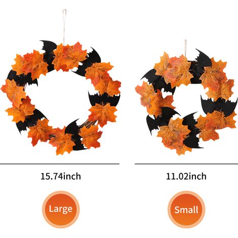 28 cm (11 Zoll) großer Türkranz mit künstlicher Fledermaus und Ahornblattgirlande, ideal für Halloween, Partys und Spukhäuser. Hängende Dekoration für Zuhause. (1/2)