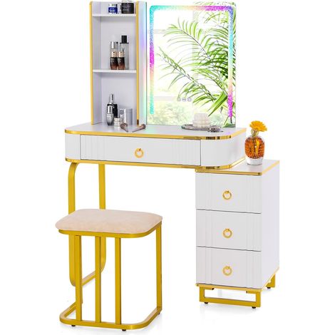 COSTWAY Tocador de Maquillaje con luz RGB, Tocador de Maquillaje 7 Luces LED Dinámicas y 7 Estáticas y Taburete, Estación de Carga Inalámbrica, Puertos USB Tipo C, Mesa de Tocador 4 Cajones (Blanco) (1/5)