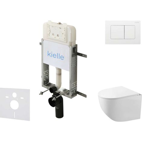 kielle Genesis New - Conjunto de instalación empotrada, inodoro compacto Gaia, Rimless, asiento softclose y pulsador Gemini New III, blanco brillante 30528SZ88