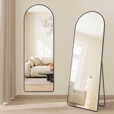 Miroir Intégral, Miroir Arqué sur Pied, à Poser au Sol, Cadre en Alliage d’Aluminium, Verre Trempé, pour Chambre, Salon, Dressing, Coins Arrondis, 160 x 50 cm, Noir d'encre LFM051BD01 (1/5)
