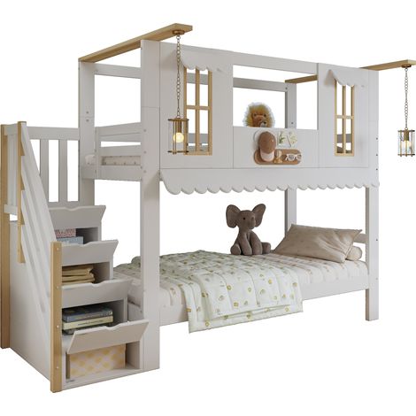 CHICFURN Litera infantil 90x200 cm de madera y MDF blanco natural con escalera de almacenaje (1/5)