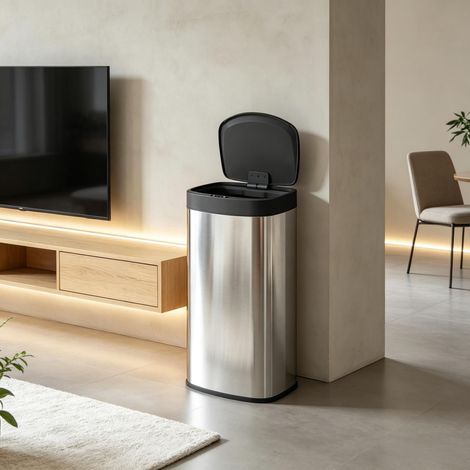 Poubelle à détecteur 55 L inox, couvercle automatique soft-close, argent (1/5)