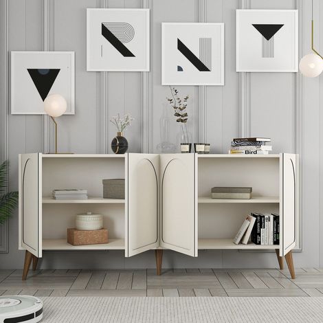 Cómoda Niscemi, Alacena 2 Estantes, 4 Puertas, 4 Compartimentos, 180x35x81h cm Blanco Crema (1/5)