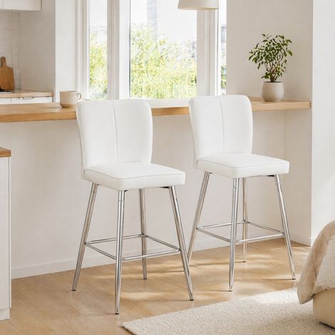 Silla de bar, respaldo ergonómico, asiento acolchado de 6.6 cm, patas de metal plateado, PU blanco (1/5)