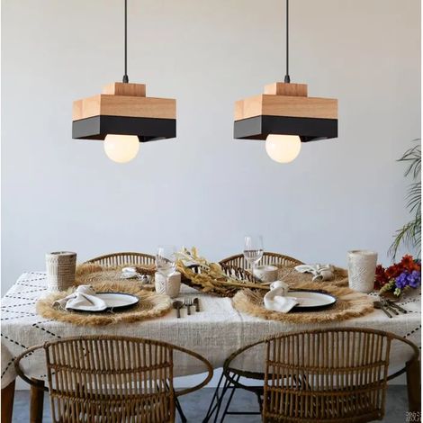 2x Lustre Moderne Industriel Noir 18cm,E27 Lampe Suspension Vintage Abat-jour en Bois Design Carre Plafonnier Style Nordique (1/5)