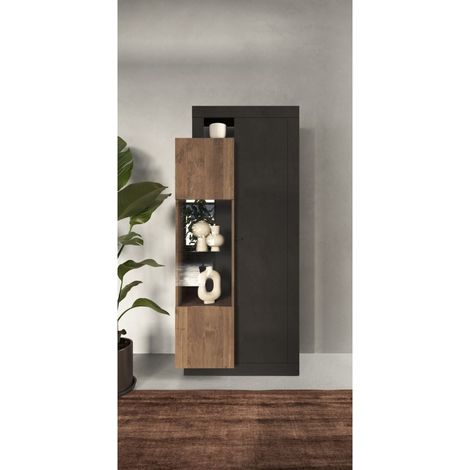 Vitrine mit 2 Türen aus der Kollektion DOMI. Farbe Anthrazitgrau und dunkle Eiche.