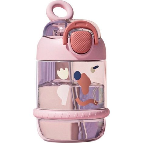 Pinkfarbene Kinder-Trinkflasche, 450 ml, auslaufsicher, stoßfest, aus Kunststoff, tragbare Sport-Trinkflasche mit Strohhalm. (1/5)