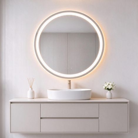 Auralum Max LED Badspiegel, Badezimmerspiegel Rund 90 cm, Wandspiegel Beschlagfrei, mit Warmweißes/Kaltweißes/Neutrales Licht, Touch-schalte, IP67 (1/5)