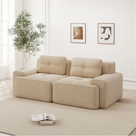 REDOM - Canapé 2 places modulable, assise profonde 74 cm, confort type nuage, tissu corduroy, beige (1/5)