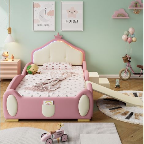 Kinderbett Polsterbett Crown mit Rutsche und Treppe, Multi-Mode-LED, PU Rosa/Beige, Holzlattenrost 90x200 cm (1/5)