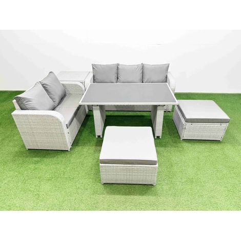 Fimous Garden Furniture Set PE Ratten Garden Sofa Set with Rectangular Dining Table 2 Big Stool Side Table Light Grey (1/4)
