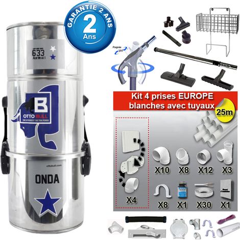 Aspiration centralisée sans sac OTTO BULL ONDA 300 INOX (jusqu’à 300 m²), Garantie 2 ans + Set inter 9 M + 8 accessoires + kit 4 prises + kit prise balai + kit prise garage (1/5)