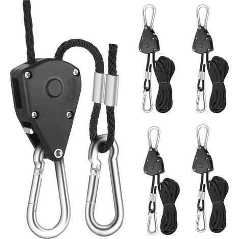 Lot de 4 Cordes à Cliquet 2m, Réglables, 75kg, Renforcées, pour Lampes de Plantes