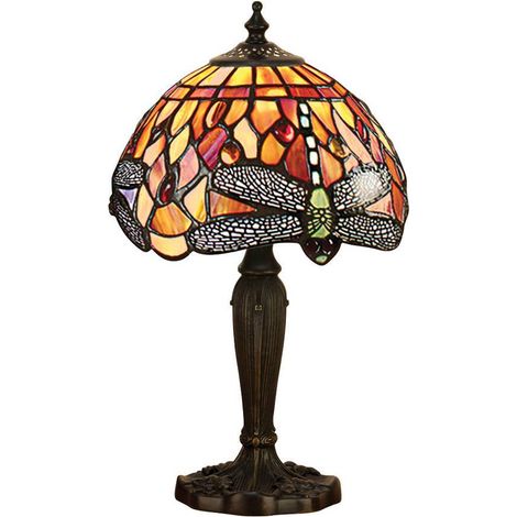 Interiors Dragonfly Flame - Lampada da tavolo 1 luce bronzo scuro, rosso, vetro stile Tiffany, E14 (1/3)