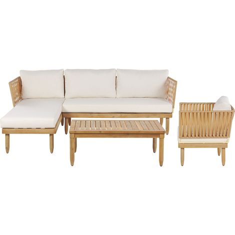 Sofá esquinero 4 plazas de madera de acacia clara derecho cojines mesa Cremona