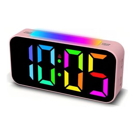 BUNTHAUS Rose, Réveil numérique coloré avec fonction snooze Grand écran RVB 8 options de couleur Format 12 à 24 h Réglage du volume et de la luminosité (1/5)