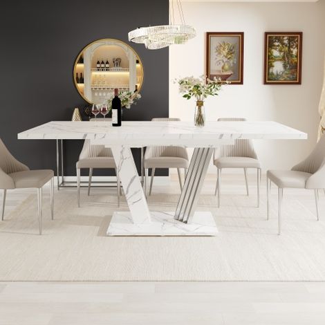 Table de salle à manger extensible avec plateau effet marbre (120–160 x 80 x 76 cm) — inclut une rallonge et un pied central adaptée aux cuisines et aux séjours. (1/5)