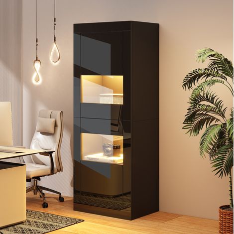 Vitrine aus Spanplatte in Schwarz Hochglanz 61 x 42 x 162 cm mit 2 Türen, USB-LED und 2 verstellbaren Glasböden (1/5)