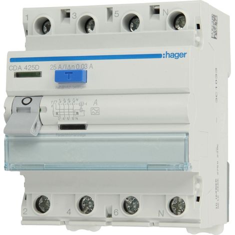 Hager CDA425D Residual-current device A-type 4P 4módulo(s) corta circuito - Corta circuitos (230 - 400, 25 A, 70 mm, 70 mm, 83 mm, 70 x 70 x 83 mm)