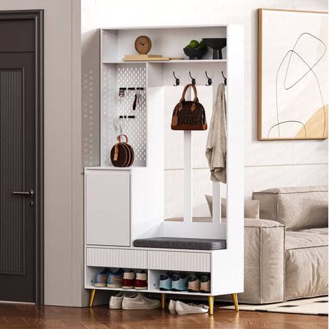 meuble rangement entrée banc 100x35x180 blanc OKMYHOME (1/5)