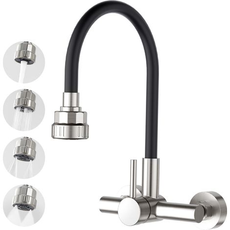 Mural Robinet D'évier de Cuisine 360° Flexible avec Pulvérisateur Quatre Fonction, Mitigeur Monocommande avec Tuyau en Silicone Noir (1/5)