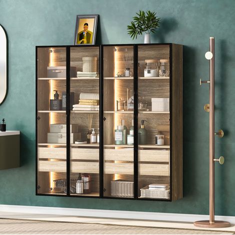 Set mobili contenitore LED vetro MDF naturale OKMYHOME (1/5)