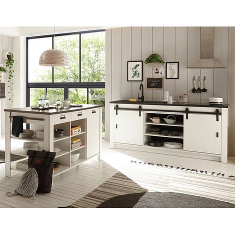 Küchen Set inkl. Spülschrank ca. 200cm und Kücheninsel SHELTON-61 in Pinie weiß Nb. mit anthrazit (1/5)