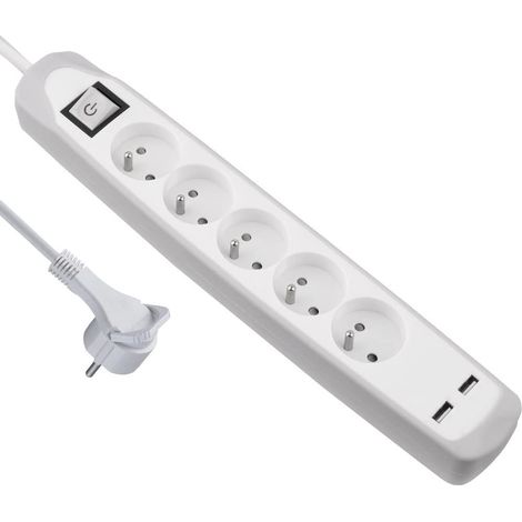 Bloc Multiprise 5 prises et 2 USB, Couverture en silicone protection contre chocs, Câble 2M, Fiche plat