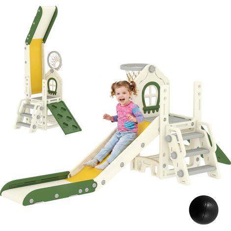 Toboggan pour enfant - AIYAPLAY - pliable - 4 en 1 - escalade, panier de basket et ballon - plastique - 191x100x 84cm - crème (1/5)