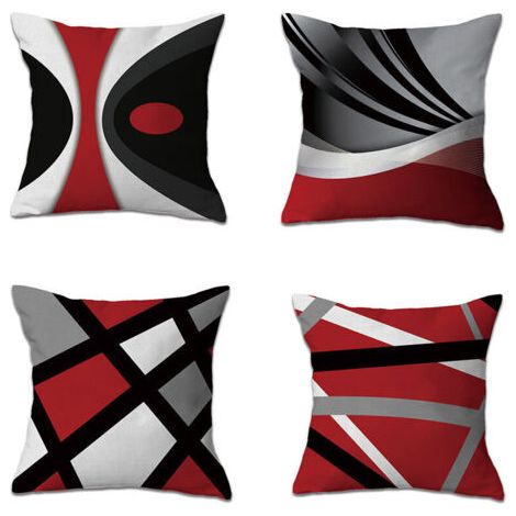Coussin, Housses de coussin-Moderne-Rayures rouges-Grises-En acrylique grasse-Grises-Décoratives-Carré-45 x 45 cm  4 pièces