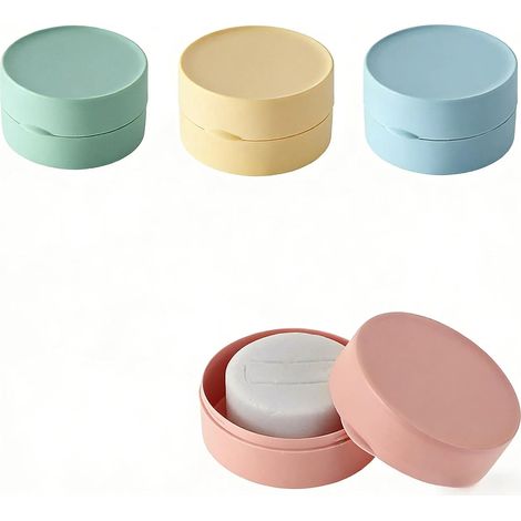 Set di 4 portasapone da viaggio, rotondi e portatili, da 8 cm. Realizzati in plastica PP impermeabile, con coperchio antipolvere, disponibili in 4 colori. (1/5)