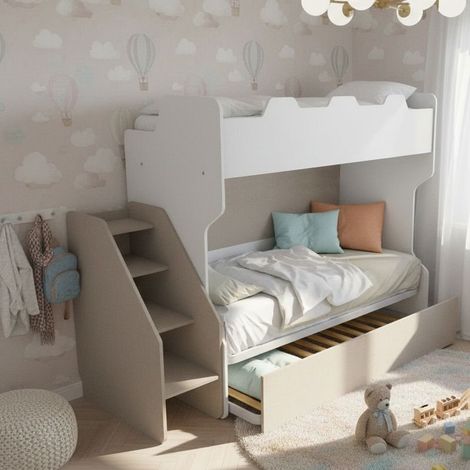 Letto a castello salvaspazio con terzo letto estraibile e scala laterale - Ideale per camerette - bianco e tessuto
