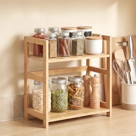 Étagère à épices à 2 niveaux, organiseur de cuisine en bambou, pour bureau et salle à manger, jaune (1/5)
