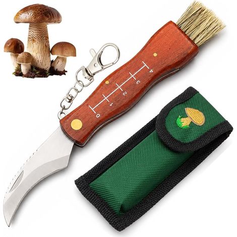 Couteau à Champignons avec Brosse Pliable, Lame Inox Manche Bois Rouge à Règle, Couteau Mycologique avec Sac de Rangement pour Récolte Champignons Plein Air (1/5)
