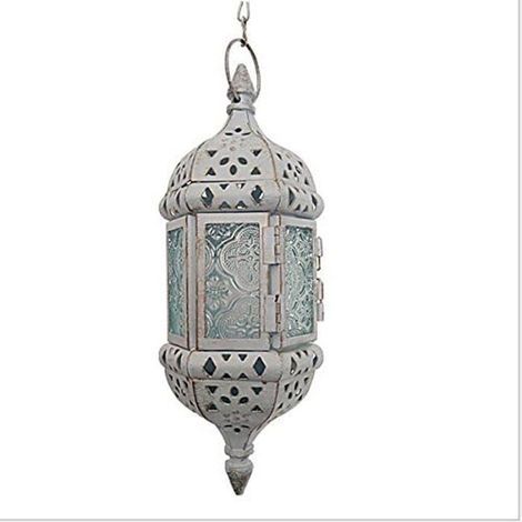 1 Vintage-Kerzenhalter aus hohlem Metall, Hochzeitslaternen, marokkanische Hängelaternen, Weihnachtskerzenständer, Weißgold mit Kette (1/2)