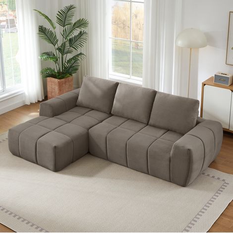 Canapé d'angle en velours côtelé taupe, design segmenté capitonné, coussins amovibles, sans montage (1/5)
