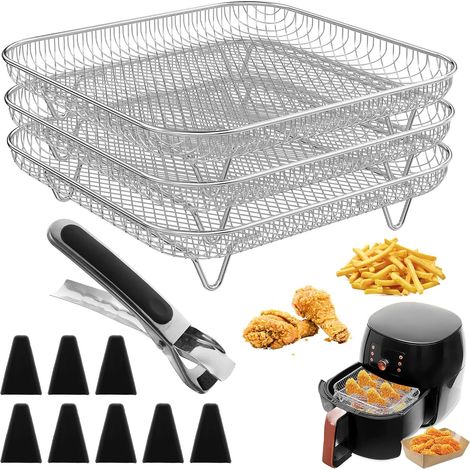 Grille Inox Empilable Carrée Pour Friteuse À Air Avec Pieds Silicone Support Multiniveau Pour Cuisson, Séchage Des Fruits Et Pâtisseries Maison (1/5)