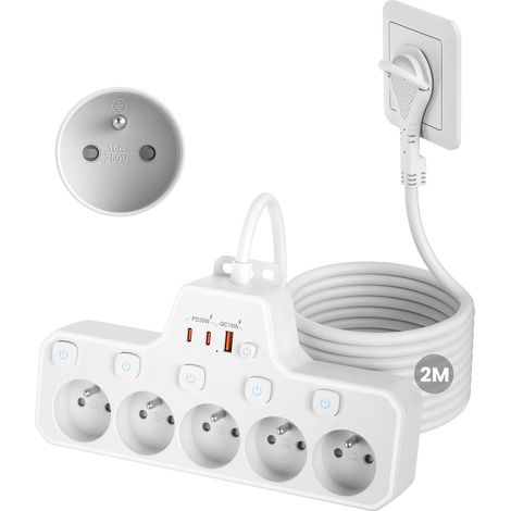 Multiprise Extra-Plate 5 Prises Française,Multiprise Plate Derriere Meuble  Prise Multiple Fiche Plate avec Terre 16A 2P+T,Interrupteur Individuel,PD20W Charge Rapide,Rallonge Electrique 2m Câble,Blan (1/5)