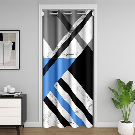 Moderne Abstrait Rideau de Slogan 86x203 Bleu Gris Noir Rideau Enfants Objets Cachés Adolescent Adulte Rayures Géométriques Rideau de Porte pour Porte Privacy Chambre Décoration Isolation Thermique -  (1/5)