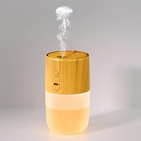 Mini Air Humidifier, 300ML Ultrasonic Humidifier Jellyfish Smoke Ring 2 Mode Adjustable and USB Chargeable with 7 Multicolor LEDs for Car, Travel, Bedroom (Wood)