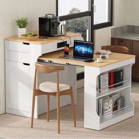Mesa extensible de cocina con ruedas, isla de cocina con enchufes, 2 cajones, blanco HAVRYA (1/5)