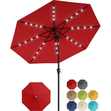 Parapluie de terrasse solaire 10FT, LED, Parasol à manivelle, bouton-poussoir et 8 baleines robustes – Protection UV, Rouge